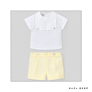 Conjunto de pantalón para bebé en amarillo/blanco. Colección Cigüeña. Marca Paz Rodríguez. Nueva Temporada Verano 2024.