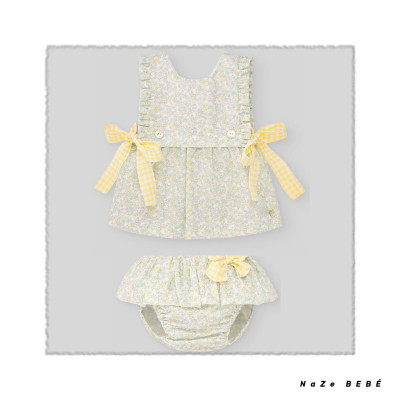 Vestido estampado para bebé en color verde agua. Colección Alelí. Marca Paz Rodríguez. Nueva Temporada Verano 2024.