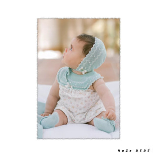 Vestido para bebé en color verde agua/crudo. Colección Iris. Marca Paz Rodríguez. Nueva Temporada Verano 2024.